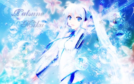 Hatsune Miku - headphone, anime, vocaloid, female, blue, aqua eye, dress, light, long hair, shining, blue hair, idol, abstract, anime girl, hot, girl, blue eye, white, miku, diva, bright, cute, aqua hair, sexy, vocaloids, shine