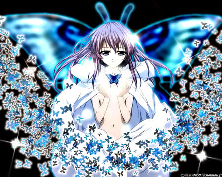 Linvation - anime, female, wing, blue, dark, abstract, anime girl, realistic, hot, girl, virtual, cd, black, fantasy, wings, butterfly, cute, 3d, sexy