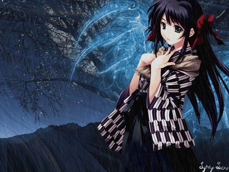 In-the-Rain - abstract, anime, anime girl, female, green eye, hot, dress, girl, night, long hair, cg, black hair, cute, ribbon, 3d, sexy