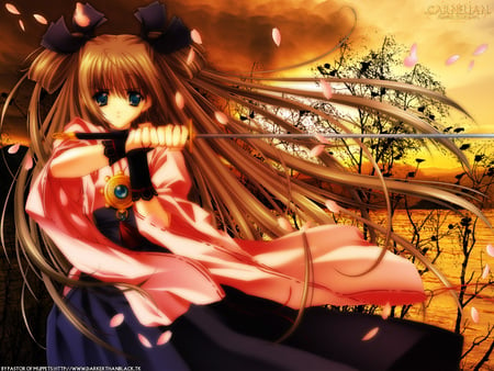 Carnelia Samurai - anime, female, warrior, scenery, scene, dress, sunrise, long hair, dawn, petal, katana, ribbon, weapon, lake, sky, anime girl, water, hot, pond, girl, sword, scenic, kimono, brown hair, samurai, blade, river, blue eye, sunset, cloud, cute, sexy