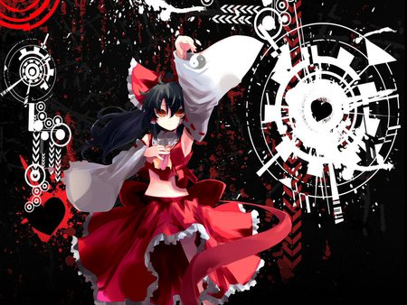 Red-is-the-New-Black - female, hot, anime girl, black, absstract, black hair, touhou, orange eye, anime, reimu, ribbon, cute, sexy, girl, long hair, hakurei reimu, red, dress