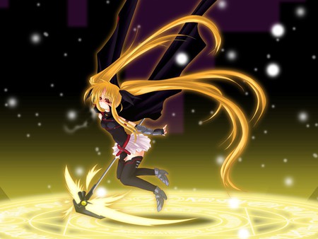 Fate Testarossa - anime, female, warrior, neon, dress, magical girl lyrical nanoha, long hair, armor, weapon, fate, fighter, abstract, anime girl, hot, girl, blonde hair, neon light, red eye, cute, sexy