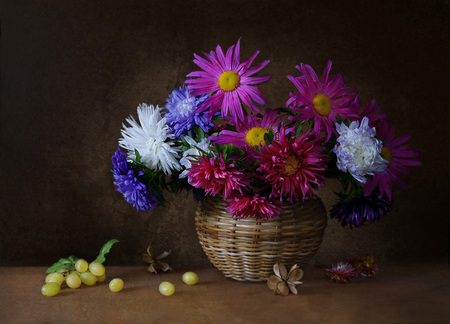 still life - nice, photography, chrysanthemum, bouquet, still life, fruit, vase, fall, cool, beautiful, grapes, flowers, photo, flower, harmony