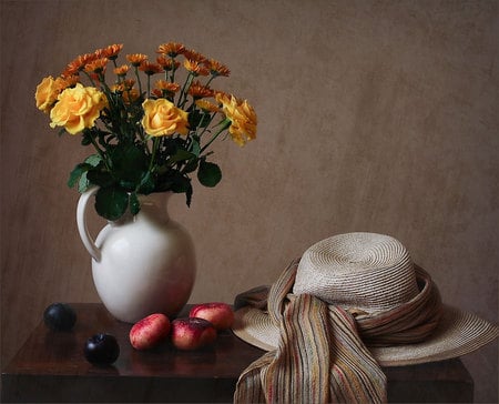 still life - nice, hat, roses, photography, rose, still life, cool, harmony, bouquets, scarf, vase, fruit, beautiful, flowers, photo, flower, elegantly