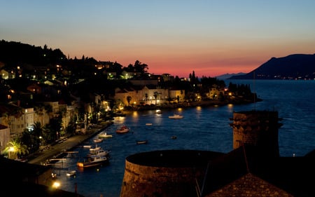 Sunset - alley, town, boat, harbour, sailboats, sailing, view, port, houses, sky, clouds, house, trees, water, beautiful, sea, road, beauty, colors, lovely, buildings, boats, colorful, nature, sunset, lights, sailboat, mountains, peaceful