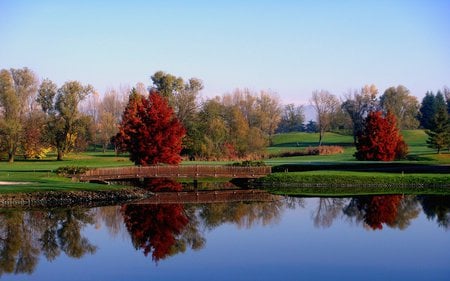 Beautiful Autumn - grass, reflection, leaves, view, lake, sky, trees, water, beautiful, beauty, colors, lovely, tree, fall, colorful, nature, autumn, peaceful, bridge