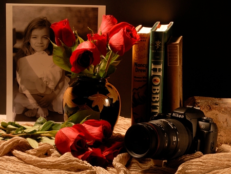 Red Roses - pretty, roses, book, red roses, books, flowers, red, vase, camera, beautiful, photography, girl, beauty, colors, lovely, still life, colorful, nature, rose