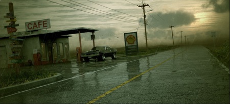 Old Gas Station in the Rain - cafe, car, rain, gas station