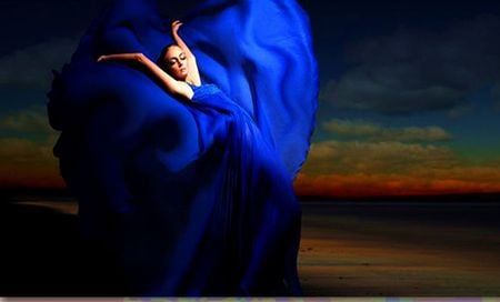 ROYAL BLUE DRESS - woman, windy, flowered, blue, sunset, dress