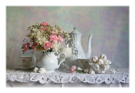 still life - elegantly, milk, sweets, pink, teapot, photo, gentle, flowers, embroidery, bowl, pastry, nice, vase, drinks, beautiful, coffee, photography, lace, tea, cool, still life, flower, bouquet, jug, peonies, harmony, white, spout, cup