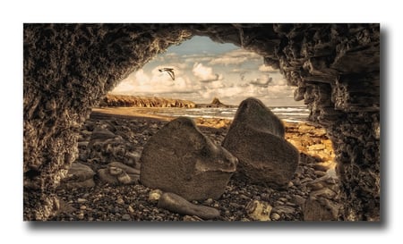 Rocky Beach - breakers, bird, beach, arch, stones, rocks