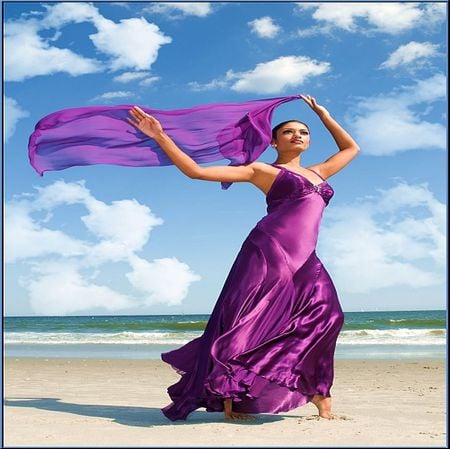 LILAC DRESS AND VEIL UNDER  BLUE SKY - woman, sky, freedom, veil, pretty, clouds, lilac, dress, happy