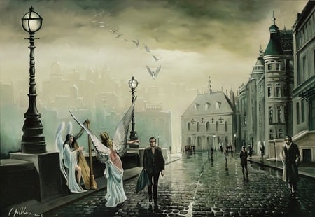 Angels - gloomy, people, harp, wings, buildings, cobblestone, stores, street lamps, housing, walks, city, angels, gaurdians, streets, birds