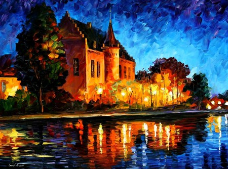 House Reflections - clouds, reflections, house, trees, water, blue, mansion, beauty, night, dark, big, lights, lake, spectacular, sky