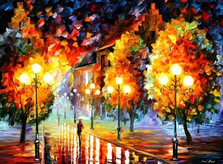 Alone - pretty, trees, beautiful, alone, wet, colours, fall, solo, umbrella, rainy, autumn, streets, lights, quite, houses, peaceful