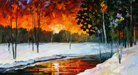 Winter Splendor - pretty, reflections, trees, snow, stream, night, orange, glowing, cold, sky, woods