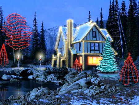 Welcome Christmas - christmas, winter, trees with lights, windows, snow, blue house, country