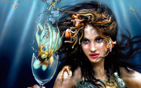 Water World - broken, lips, eyes, hair, fantasy, life, ocean, lady, glass, deep, freckles, amazement, imaginary, blue, aquatic, fish, amused