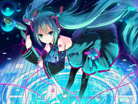 Hatsune Miku - nice, beauty, microhpone, aqua, hot, stage, headset, twintail, aqua hair, virtual, pretty, cool, idol, anime, miku, aqua eyes, cute, hatsune miku, sexy, girl, hatsune, vocaloids, program, headphones, vocaloid, blue, pink, beautiful, awesome, diva, dress