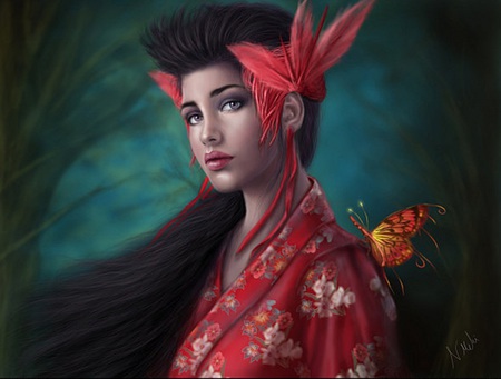 Lady with the Red Flower - pretty, female, butterflies, colourful, fine art, long hair, flowers, gorgeous, red, face, art, other, women, abstract, beautiful, girl, figure, colors, girls, flower in hair, cg, colours, black, fantasy, woman, butterfly, cute, 3d, wallpaper