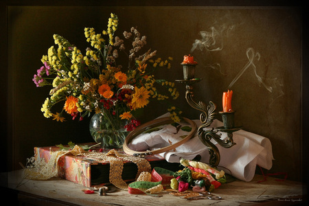 still life - nice, candles, photography, bouquet, still life, album, thread, cool, lace, old, harmony, vase, beautiful, flowers, embroidery, photo, flower, candlestick