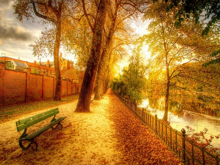 Autumn - alley, autumn colors, splendor, leaves, path, view, bench, golden, houses, sky, way, clouds, house, trees, water, beautiful, beauty, colors, lovely, buildings, tree, fall, river, nature, autumn, peaceful