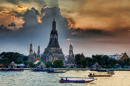 Bangkok at sunset - boat, thailand, sunsets, sculpture, buddha, sky, bangkok, water, religion, worship, thai, river, arhitecture, nature, temple, places, buddhist