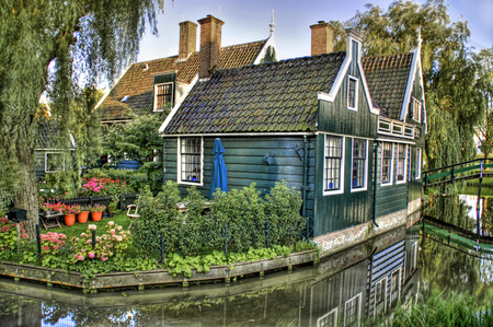 Fairy Tale - beauty, dreams, windows, trees, popular, places, arhitecture, water, holland, green, idyllic, houses, quaint, canal, roof, weeping williw, blue, red, fairy tale, flowers