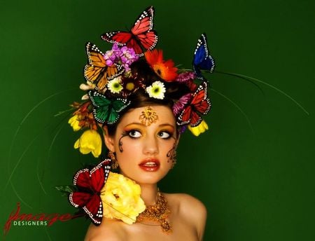 BUTTERFLY ART.. - head, colorful, woman, green, butterfly, background, art