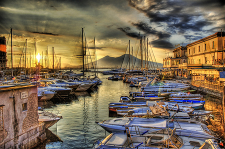 Boats - clouds, water, comercial, yellow, personal, blue, colors, city, boats, popular, shore, grey, white, colorfull, sky, building