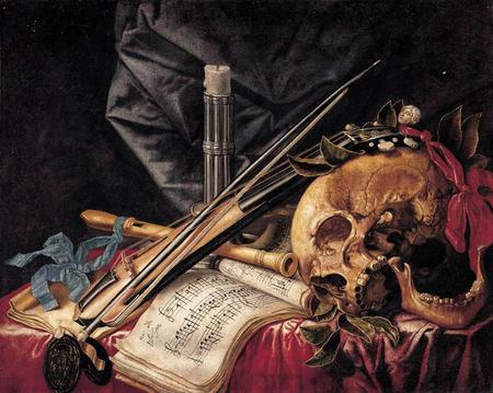 Still life - skull, candle, book, black, still life, painting, abstract, brown, red, blue, table, leaves, violin