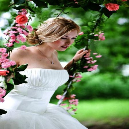 FRESH... - woman, morning, colorful, bride, spring, white, play, green, flower