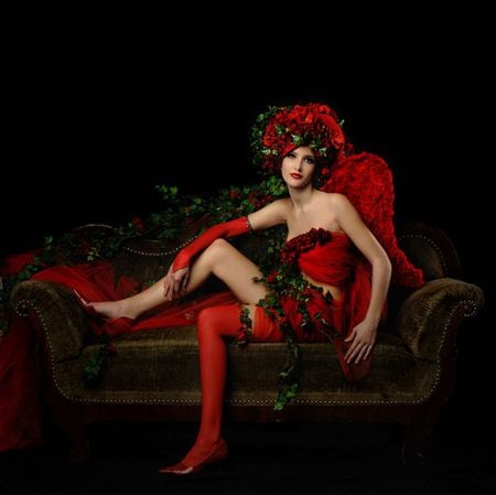 MUSE.. - flowers, tights, woman, red, wings, dress, beauty, chair