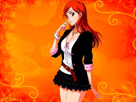 bleach orhime minds - bleach, minds, long hair, orange, anime, dress