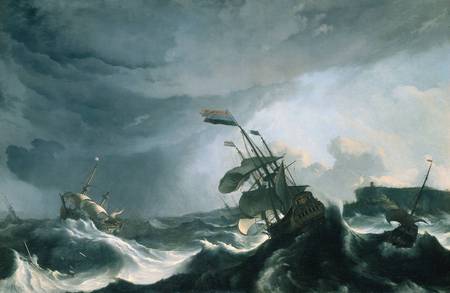 Dutch fleet in Storm - grey clouds, dutch glag, sailing ships, waves