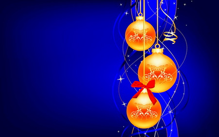 Christmas blue and gold - christmas, hanging, gold balls, red bows stars, blue background