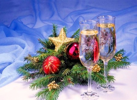 Toasting the season - drink, star, blue background, tree balls, festive, christmas, wine glasses, tree bough