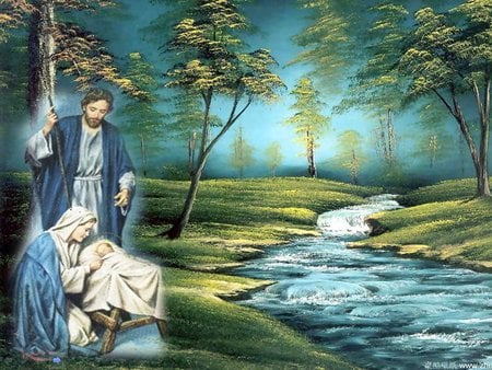 Holy family in the forest - christmas, holy family, christianity, jesus christ, forest