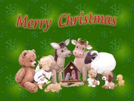 Christmas zoo - christmas, bear, holiday, green, zoo, angel, lamb