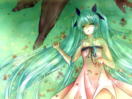 Hatsune Miku - nice, beauty, aqua, aqua hair, virtual, brown, twintal, pretty, cool, idol, anime, green, miku, aqua eyes, tree, cute, hatsune miku, girl, hatsune, vocaloids, program, vocaloid, pink, beautiful, leaves, awesome, diva, dress