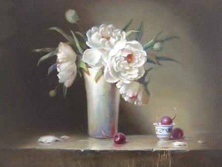 White Peonies - shelf, flowers, spring, vase, leaves, stems, white, cherries, peonies, bowl, dish, berries