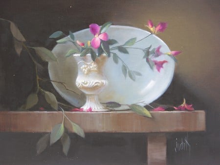 Awakening - twigs, vase, delicate, shelf, porcelain, petals, pink, sweet, leaves, flowers, white, dinner plate