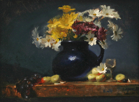 Dancing Bouquet - pitcher, table, deep blue, spring, yellows, whites, flowers, daisies, grapes, purples, apples, fresh, wooden, garden, glass