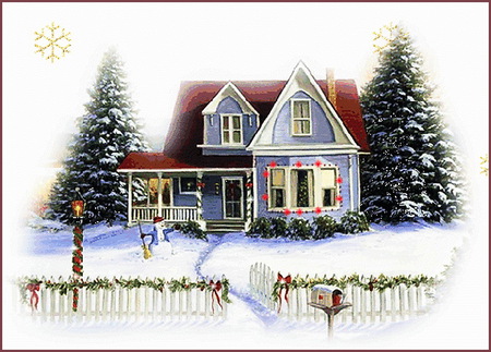 Dressed for the season - christmas time, decorations, house, pine trees, snow winter, lights