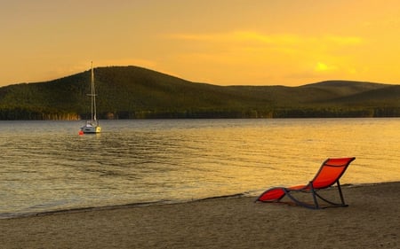 Simply Beautiful - beach, boat, forest, sailboats, sand, sailing, view, sky, woods, clouds, beautiful, sea, beauty, colors, lovely, ocean, chair, boats, nature, sunset, sailboat, waves, mountains, peaceful