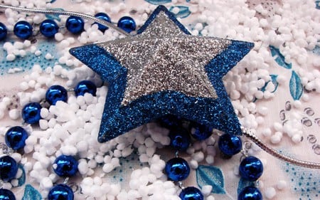 CHRISTMAS BLUE - christmas, star, white, blue, silver, beads, holidays