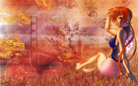 ville-ou-nature - nice, woman, women, beauty, sitting, female, hot, leaf, anime girl, rose, fantasy, orange eye, pretty, orange hair, anime, orange, grass, bridge, cute, short hair, maiden, sit, lady, sexy, girl, long hair, leave, abstract, beautiful, sweet, dress, flower