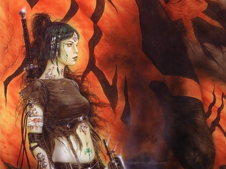 Tisiphone Sowing - tattoo, warrior, beautiful, hot, luis royo, girl, sword, beauty, cool, fantasy, royo, secret, woman, hd, art, sexy