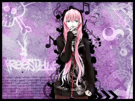 Megurine Luka - female, hot, superstar, singer, anime girl, black, purple, art, megurine luka, idol, anime, megurine, cute, luka, sexy, girl, pink hair, long hair, vocaloids, abstract, microphone, wall, vocaloid, diva