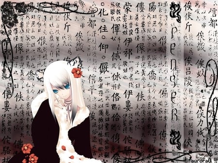 Penser - anime, female, dress, long hair, white hair, oriental, message, abstract, anime girl, hot, girl, chinese, flower, black, blue eye, gray, word, cute, words, sexy